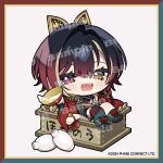  1girl 2024 agemaki_knot alcohol asymmetrical_bangs asymmetrical_hair asymmetrical_legwear bell black_hair blonde_hair blush boots border box brocade brooch chain chain_earrings chibi chibi_only closed_eyes closed_mouth coin colored_inner_hair commentary copyright_logo copyright_name copyright_notice cup donation_box earrings epaulettes fangs gold_bell gold_border gold_coin gold_embroidery gradient_thighhighs green_boots green_border green_lining green_thighhighs hair_ornament hebi-san(kannagi_loki) heterochromia holding holding_saucer japanese_clothes jewelry kannagi_loki kimono leaf_print logo long_hair long_sleeves looking_at_viewer merchandise_available multicolored_hair neck_bell official_art on_box open_mouth phase_connect red_border red_eyes red_hair red_robe red_rope red_thighhighs robe rope sakazuki sake sample_watermark saucer shinoda_mame shoelaces simple_background single_earring single_thighhigh sitting sitting_on_box snake streaked_hair tassel thighhighs tokkuri translation_request upside-down virtual_youtuber watermark white_background white_snake wide_sleeves yellow_eyes 