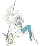  1girl aqua_boots aqua_eyes aqua_pantyhose aqua_ribbon aqua_thighhighs armor asymmetrical_footwear asymmetrical_legwear black_horns blonde_hair boots breasts commentary cone_horns curled_horns dress english_commentary ereshkigal_(fate) fate/grand_order fate_(series) floating_hair frilled_sleeves frills full_body glasses gloves grey_boots grey_gloves hair_ornament hair_ribbon halberd headpiece highleg highres holding holding_polearm holding_weapon horns large_breasts leotard long_hair long_sleeves mismatched_footwear mismatched_legwear multicolored_horns open_mouth pantyhose polearm ribbon simple_background single_thighhigh solo space_ereshkigal_(fate) thighhighs tight_clothes uneven_legwear v-shaped_eyebrows very_long_hair vincent_graphic_art weapon white_background white_horns white_leotard white_thighhighs wide_sleeves 