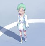  artist_request boots buckle closed_mouth dress eureka eureka_seven eureka_seven_(series) expressionless full_body green_hair hair_ornament hairclip long_sleeves looking_at_viewer purple_eyes short_dress short_hair solo standing white_footwear 