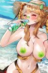  1girl abdomen_tail angstowo antennae arthropod_girl bandaid bandaid_on_face bandaid_on_nose beach bottle breasts brown_hair centipede_girl centipede_tail closed_mouth colored_nipples colored_tongue commentary drinking english_commentary green_nipples green_tongue hat highres indie_virtual_youtuber large_breasts monster_girl naiyo_spede navel outdoors short_hair solo sun_hat virtual_youtuber water water_bottle 