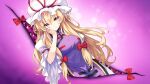  1girl absurdres blonde_hair bow breasts closed_mouth dress frilled_sleeves frills game_asset gap_(touhou) hair_bow hand_on_own_cheek hand_on_own_face hat hat_ribbon highres hirano_katsuyuki long_hair long_sleeves looking_at_viewer medium_breasts mob_cap non-web_source official_art pink_background portal_(object) purple_eyes purple_tabard ribbon self-datamine smile solo tabard touhou touhou_spell_carnival very_long_hair white_dress wide_sleeves yakumo_yukari 