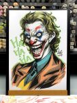  1boy arthur_fleck batman_(series) blue_shirt clown clown_makeup commentary dated dc_comics english_commentary english_text evil_smile facepaint green_eyes green_hair highres inktober jacket joker_(2019) joker_(dc) laughing male_focus marker_(medium) orange_jacket photo_(medium) shirt short_hair signature simple_background smile solo stanley_lau traditional_media upper_body 