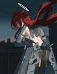  1girl against_railing arknights arknights:_endfield armor ass back breasts closed_mouth commentary_request ember_(arknights) floating_hair from_behind halo hetare_galm_sue highres leaning_forward long_hair looking_at_viewer median_furrow outdoors railing red_hair small_breasts solo sunset yellow_eyes 