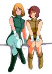  2girls aeug alternate_costume artist_name bare_legs blonde_hair boots brown_eyes brown_hair commentary_request crossed_legs dated dress emma_sheen fa_yuiry fraw_bow gloves green_eyes gundam highres looking_at_viewer mobile_suit_gundam multiple_girls pants pantyhose pgmajimaji sayla_mass science_fiction signature sitting tight_clothes tight_pants tunic turtleneck turtleneck_dress white_pants yasuhiko_yoshikazu_(style) zeta_gundam 