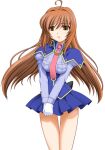  1girl 2000s_(style) ahoge blue_capelet blue_shirt blue_skirt blush breasts brown_eyes brown_hair capelet game_asset gloves large_variant_set long_hair mahou_senshi_(series) mahou_senshi_symphonic_knights miniskirt necktie non-web_source official_art open_mouth parted_lips pink_necktie sad saitou_natsuki self-datamine shirt simple_background skirt solo tachi-e thigh_gap transparent_background v_arms variant_set white_gloves yurise_ririna 