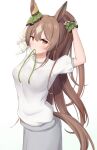  1girl animal_ears blush breasts brown_eyes brown_hair ceresia8327 commentary_request double-parted_bangs ear_ornament green_ribbon green_wrist_cuffs grey_pants hair_between_eyes highres horse_ears horse_girl horse_tail large_breasts long_hair mouth_hold multicolored_hair pants patterned_hair ponytail ribbon ribbon_in_mouth satono_diamond_(umamusume) shirt short_sleeves simple_background solo streaked_hair tail tying_hair umamusume very_long_hair white_background white_shirt wrist_cuffs 