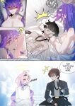  black_gloves black_hair breasts cloud commentary_request denia_(wuthering_waves) gloves guy_tired_after_sex_(meme) hair_ornament hairclip halo heaven highres implied_after_sex implied_nudity lucilla_(wuthering_waves) male_rover_(wuthering_waves) meme mexico_ufo_alien_bodies_hearing_(meme) nort_muhehehe purple_hair robe rover_(wuthering_waves) white_robe wuthering_waves 