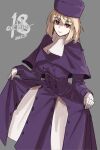  1girl 2025 absurdres arcueid_brunestud blonde_hair breasts closed_mouth clothes_lift commentary cosplay cowboy_shot dated dress dress_lift fate/stay_night fate_(series) grey_background hat highres illyasviel_von_einzbern illyasviel_von_einzbern_(cosplay) jonyeld large_breasts long_sleeves looking_at_viewer purple_dress purple_hat red_eyes short_hair simple_background smile solo tsukihime 
