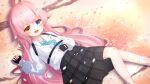  1girl :d absurdres abydos_high_school_logo ahoge black_gloves black_skirt blue_archive blue_eyes blue_necktie blush cherry_blossoms chest_harness clenched_hands collared_shirt commentary_request day dress_shirt dutch_angle falling_petals fang feet_out_of_frame fingerless_gloves gloves hair_between_eyes hair_spread_out hand_up harness heterochromia highres hoshino_(blue_archive) id_card long_hair long_sleeves looking_at_viewer lying medium_skirt necktie on_back on_ground open_mouth outdoors pasteurized petals pink_hair plaid_clothes plaid_skirt pleated_skirt puffy_long_sleeves puffy_sleeves school_uniform shirt sidelocks skin_fang skirt smile socks solo spring_(season) very_long_hair white_shirt white_socks yellow_eyes 