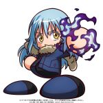  1girl artist_request aura black_shirt black_shoes blue_coat blue_shoes coat commentary_request copyright_notice crossover dark_aura fur-trimmed_coat fur_trim jikkyou_powerful_pro_yakyuu jikkyou_powerful_pro_yakyuu_(style) jikkyou_powerful_soccer long_hair multicolored_shoes no_mouth official_art open_clothes open_coat outstretched_arm rayman_limbs rimuru_tempest shirt shoes solo tensei_shitara_slime_datta_ken translation_request two-tone_shoes white_background yellow_eyes 