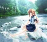  barefoot brown_eyes feet minamino_kanata orange_hair original pleated_skirt river school_uniform sitting skirt soaking_feet solo translation_request water 