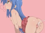  1girl absurdres after_anal after_sex all_fours artist_name ass bare_arms bare_legs bare_shoulders blue_hair breasts breath cleft_of_venus commentary cowboy_shot cum cum_in_ass cumdrip foxyle from_side green_eyes groin heavy_breathing highres izumi_konata legs_together long_hair lucky_star nipples no_panties nude open_mouth pink_background pink_skirt pussy shiny_skin simple_background skirt small_breasts solo swept_bangs thick_thighs thighs topless_female uncensored untranslatable_commentary 