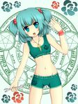  blue_eyes blue_hair hair_bobbles hair_ornament hirasawa_yuu kawashiro_nitori key magic_circle midriff navel pentagram runes short_hair solo sports_bra touhou twintails two_side_up 