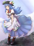  blue_hair boots food fruit hat hinanawi_tenshi kou_(haijindeath) long_hair peach red_eyes see-through solo touhou 