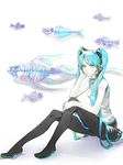  aqua_eyes aqua_hair fish hatsune_miku headphones headphones_around_neck highres legs long_hair necktie pantyhose sitting skeleton skirt smile solo touge_(kubiwa_tsuki) twintails very_long_hair vocaloid 