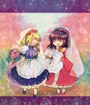  blonde_hair blush bouquet bow braid bridal_veil brown_hair closed_eyes detached_sleeves flower hair_bow hakurei_reimu holding_hands jewelry kirisame_marisa multiple_girls ring short_hair smile suzune_yuuji touhou veil wife_and_wife younger yuri 