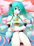  aqua_eyes aqua_hair hatsune_miku highres long_hair pillow rkp robot smile solo soundwave transformers_animated twintails vocaloid 