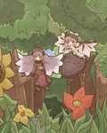  akihiyo bangs blunt_bangs boots crossover flower forest long_hair megami_tensei mittens mou_shobou multiple_girls mystia_lorelei nature pink_hair purple_hair short_hair touhou wings 