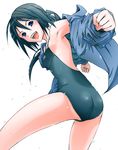  1girl armpits ass bangs black_hair blue_eyes competition_swimsuit flat_chest from_behind happy jacket leaning_forward legs long_hair looking_back one-piece_swimsuit open_clothes open_jacket open_mouth original ponytail shiny shiny_clothes shiny_skin solo swimsuit wet 