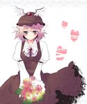  animal_ears bad_id bad_pixiv_id blush bouquet dress flower hat heart icylove leaf light_smile mystia_lorelei pink_hair purple_eyes rose short_hair smile solo touhou 