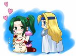  &gt;_&lt; 3girls 74 blonde_hair blue_eyes blush brown_hair cape celes_chere chibi eyes_closed female final_fantasy final_fantasy_vi green_eyes green_hair headband long_hair moogle moogle_(cosplay) multiple_girls ponytail relm_arrowny short_hair shoulder_pads tina_branford wristband 