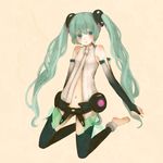  anklet aqua_eyes aqua_hair bad_id bad_pixiv_id barefoot blush bridal_gauntlets full_body hatsune_miku hatsune_miku_(append) jewelry kneeling long_hair mizutamako navel necktie simple_background solo thighhighs toeless_legwear twintails vocaloid vocaloid_append 