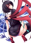  ass asymmetrical_wings backless_dress backless_outfit bad_id bad_pixiv_id black_hair black_legwear blue_wings dress from_behind high_heels houjuu_nue looking_back mikan_(5555) panties purple_panties red_eyes red_wings shoes short_hair snake solo squatting thighhighs touhou underwear wings 