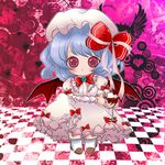  :&lt; bat_wings blood bloomers blue_hair bow checkered checkered_floor chibi cup cupping_glass drinking_glass hat hat_ribbon perspective picoalto red_eyes remilia_scarlet ribbon short_hair skirt skirt_lift solo symbol-shaped_pupils touhou underwear wine_glass wings 