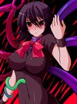  asymmetrical_wings bad_id bad_pixiv_id black_hair blush bow bowtie breasts houjuu_nue impossible_clothes impossible_shirt large_breasts navel ran_komomo red_eyes shirt short_hair snake solo touhou wings wrist_cuffs 