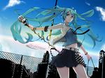  aqua_eyes aqua_hair belt chain-link_fence day fence hatsune_miku long_hair microphone microphone_stand mille_(dieci) skirt sky skyscraper_(vocaloid) solo song_name twintails vocaloid 