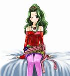  1girl 74 bare_shoulders blush detached_sleeves female final_fantasy final_fantasy_vi green_eyes green_hair jewelry long_hair necklace pantyhose ponytail sitting solo tina_branford white_background wink 