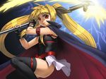  bardiche blonde_hair cape cozy fate_testarossa fingerless_gloves gloves long_hair lyrical_nanoha mahou_shoujo_lyrical_nanoha red_eyes solo thighhighs twintails very_long_hair weapon 