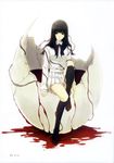  absurdres black_eyes black_hair blood egg eggshell highres innocent_grey kara_no_shoujo kneehighs kuchiki_touko legs legs_up long_hair ribbon school_uniform sitting skirt smile socks solo sugina_miki 