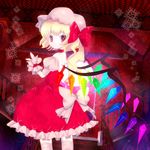 bare_shoulders blonde_hair bow choker crystal flandre_scarlet hair_bow hat highres looking_back no_mouth orange_eyes picoalto short_hair solo symbol-shaped_pupils touhou wings wrist_cuffs 