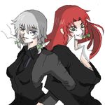  back-to-back bad_id bad_pixiv_id cigarette formal grin hikora hong_meiling izayoi_sakuya lowres multiple_girls smile smoking touhou 