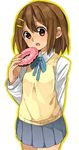  bad_id bad_pixiv_id brown_eyes brown_hair doughnut food hirasawa_yui jenny_(artist) k-on! school_uniform short_hair solo sweater_vest 