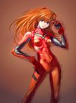  bangs blue_eyes bodysuit bracer breasts brown_background contrapposto gloves gradient gradient_background hair_between_eyes hair_ornament hand_on_hip hand_up head_tilt jet_kimchrea light_smile long_hair looking_at_viewer neon_genesis_evangelion number orange_hair pilot_suit plugsuit shikinami_asuka_langley skinny small_breasts smile solo souryuu_asuka_langley standing turtleneck 