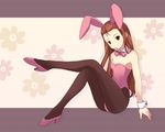  animal_ears bad_id bad_pixiv_id bow brown_hair brown_legwear bunny_ears bunny_girl bunny_tail bunnysuit candy crossed_legs detached_collar fake_animal_ears food highres idolmaster idolmaster_(classic) legs long_hair minase_iori mouth_hold onion_(lemlaml) pantyhose red_eyes sitting solo tail wrist_cuffs 