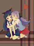  animal_ears blue_hair cat_ears cat_tail closed_eyes fang furude_rika hanyuu heart higurashi_no_naku_koro_ni horns hug kotatsu_neneko long_hair multiple_girls no_shoes purple_eyes purple_hair short_sleeves skirt smile tail 