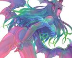  1girl ass bare_shoulders big_breasts breasts capcom darkstalkers demon_girl female green_hair head_wings headwings hibiki_kodama kodakune large_breasts long_hair looking_back morrigan_aensland pantyhose solo succubus vampire_(game) white_background wings 