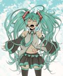  aqua_hair bad_id bad_pixiv_id closed_eyes cloud detached_sleeves hatsune_miku headset highres long_hair navel necktie open_mouth skirt sky solo thighhighs twintails usagi_(1988) very_long_hair vocaloid 