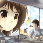  1girl artist_request brown_eyes brown_hair coffee cup giantess hair_ribbon hairband kyon necktie office ribbon short_hair spit_take spitting surprised suzumiya_haruhi suzumiya_haruhi_no_yuuutsu sweatdrop window 