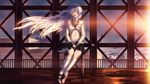  angel_beats! blue_hair evening highres katou_taira lens_flare light long_hair reflection sitting socks solo tenshi_(angel_beats!) very_long_hair wallpaper wind yellow_eyes 