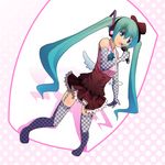  aqua_eyes aqua_hair checkered checkered_legwear dress elbow_gloves garter_straps gloves hat hatsune_miku long_hair microphone sigetch solo thighhighs top_hat twintails very_long_hair vocaloid wings 