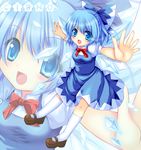  bad_id bad_pixiv_id blue_eyes blue_hair bow character_name cirno crystal fairy fang hair_bow kneehighs mary_janes outstretched_arms ratise shoes short_hair socks solo spread_arms touhou white_legwear wings zoom_layer 