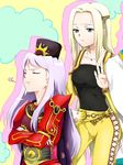  2girls ai_(ai1470) ailove310 arms_crossed blonde_hair blue_eyes celes_chere character_request copyright_request crossed_arms eyes_closed female final_fantasy final_fantasy_vi hat jacket jewelry long_hair multiple_girls necklace pants purple_hair series_request sweatdrop tiara 