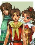  1girl 2boys bell brown_eyes brown_hair esmegu female gensou_suikoden gensou_suikoden_i gensou_suikoden_ii gensou_suikoden_iii gloves green_eyes hands_on_hips long_hair luc male meg_(suikoden) multiple_boys open_mouth riou short_hair suikoden suikoden_i suikoden_ii suikoden_iii tiara v 