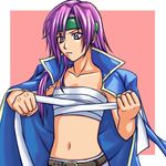  1girl androgynous artist_request bandage bandaged_chest bandages belt blue_eyes blush breast_bind coat crossdress crossdressing faris_scherwiz female final_fantasy final_fantasy_v headband jacket jacket_on_shoulders long_hair midriff open_clothes open_coat pants purple_hair reverse_trap sarashi solo tomboy trench_coat trenchcoat 