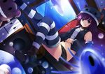  bad_id bad_pixiv_id collar copyright_request detached_sleeves dutch_angle hat lens_flare midriff mizutuki purple_eyes purple_hair short_hair shorts sitting smile solo striped striped_legwear thighhighs 