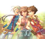  1girl 2boys blonde_hair blue_eyes brown_eyes brown_hair eyes_closed female gensou_suikoden gensou_suikoden_ii gloves hairband jowy_atreides-blight long_hair male multiple_boys nanami nanami_(suikoden) ponytail riou short_hair suikoden suikoden_ii sumitani tiara 